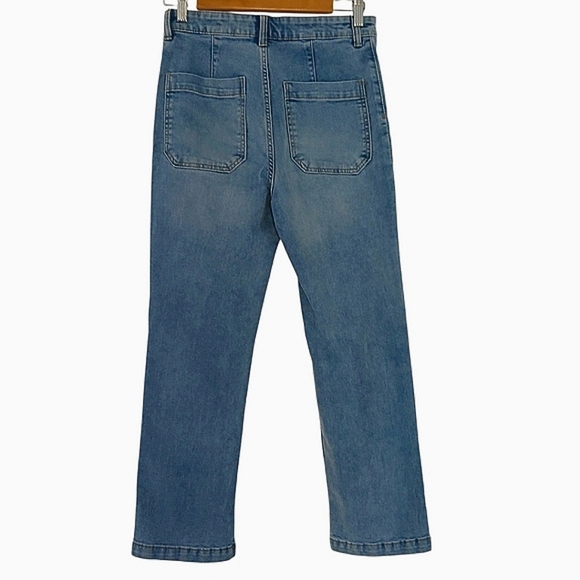 H&M Jeans Stylish Blue Denim Crop High Waist Ruched Pocket Braided Flared Size 6 - Picture 8 of 15